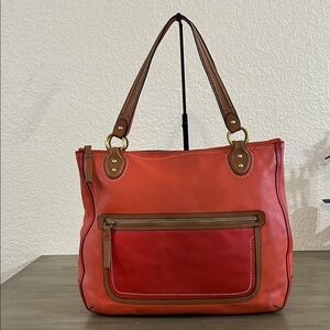 Coach 22430 Poppy Leather Vermillion Sun Orange Color Block Hallie Large Tote